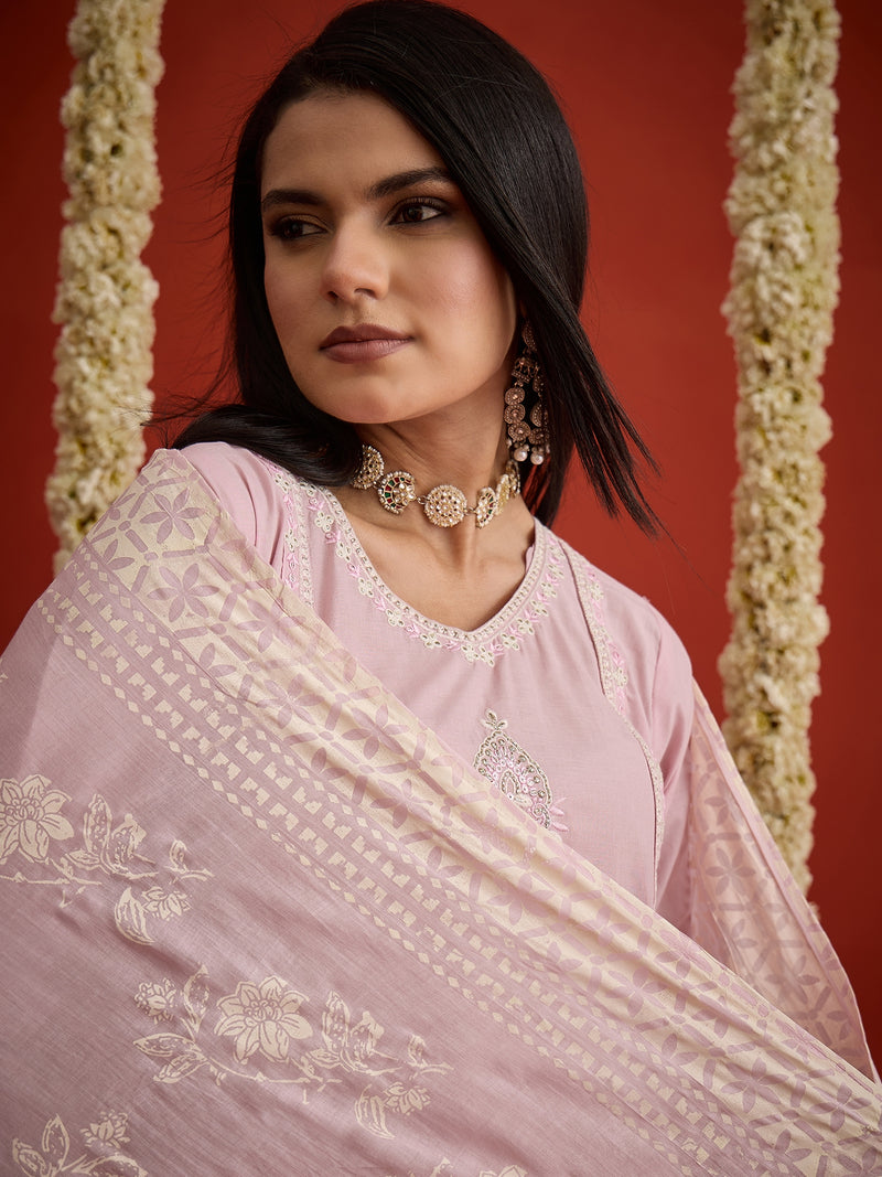 Stylum Women's Lavender Solid & Embroidered Pure Cotton A-Line Kurta Pant Dupattta Set (KPDLAVENDERKOKAM)