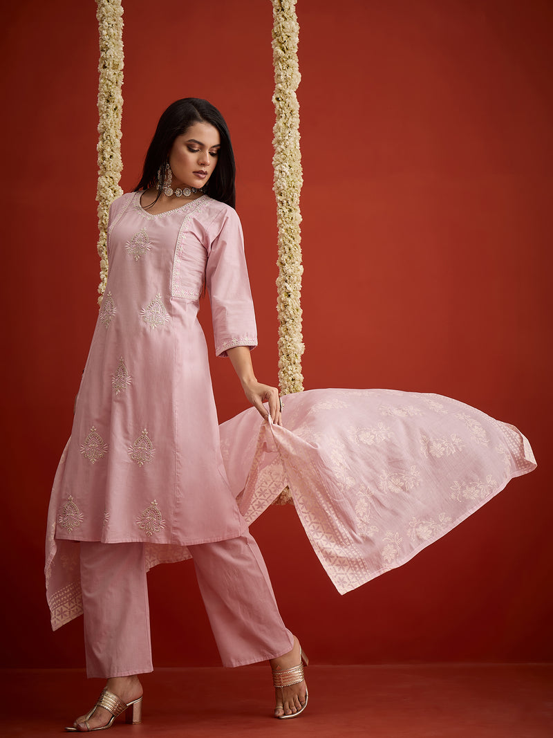 Stylum Women's Lavender Solid & Embroidered Pure Cotton A-Line Kurta Pant Dupattta Set (KPDLAVENDERKOKAM)