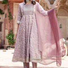 Stylum Women's Lavender Bandhani Khadi Printed & Embroidered Cotton Anarkali Kurta Pant Dupatta Set (KPDLAVENDERLIVA)