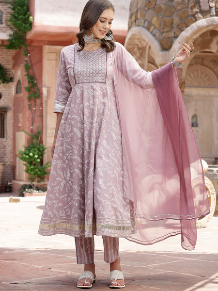 Stylum Women's Lavender Bandhani Khadi Printed & Embroidered Cotton Anarkali Kurta Pant Dupatta Set (KPDLAVENDERLIVA)