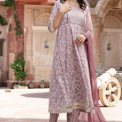 Stylum Women's Lavender Bandhani Khadi Printed & Embroidered Cotton Anarkali Kurta Pant Dupatta Set (KPDLAVENDERLIVA)