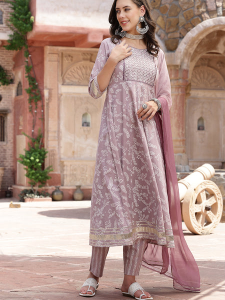 Stylum Women's Lavender Bandhani Khadi Printed & Embroidered Cotton Anarkali Kurta Pant Dupatta Set (KPDLAVENDERLIVA)