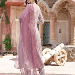 Stylum Women's Lavender Bandhani Khadi Printed & Embroidered Cotton Anarkali Kurta Pant Dupatta Set (KPDLAVENDERLIVA)