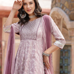 Stylum Women's Lavender Bandhani Khadi Printed & Embroidered Cotton Anarkali Kurta Pant Dupatta Set (KPDLAVENDERLIVA)