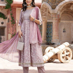 Stylum Women's Lavender Bandhani Khadi Printed & Embroidered Cotton Anarkali Kurta Pant Dupatta Set (KPDLAVENDERLIVA)