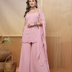 Stylum Women's Lavender Solid & Embroidered Rayon Straight Kurti Palazzo Dupatta Set (KPDLAVENDERLUNA)