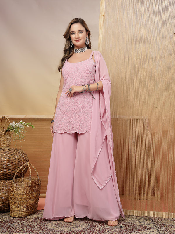 Stylum Women's Lavender Solid & Embroidered Rayon Straight Kurti Palazzo Dupatta Set (KPDLAVENDERLUNA)