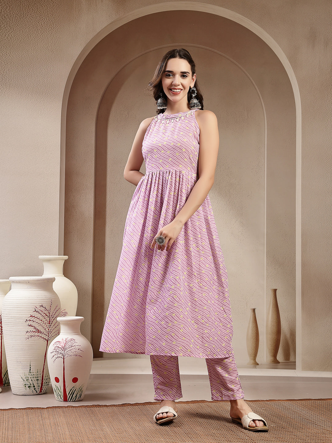 Stylum Women's Lavender Leheriya Printed Cotton Flared Kurta Pant Dupatta Set (KPDLAVENDERPRADA)