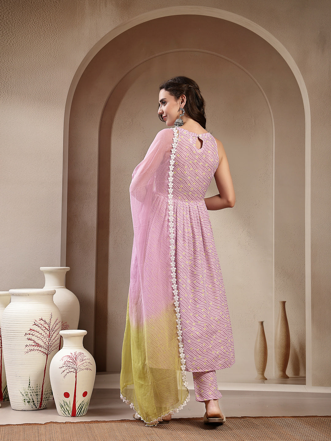 Stylum Women's Lavender Leheriya Printed Cotton Flared Kurta Pant Dupatta Set (KPDLAVENDERPRADA)