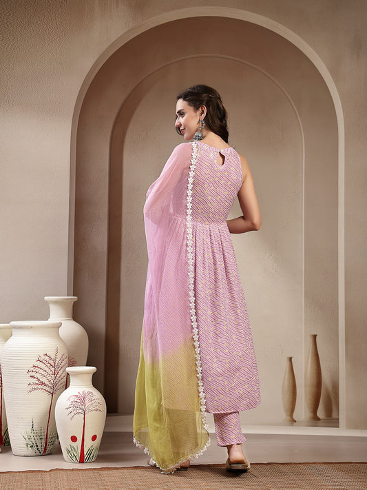 Stylum Women's Lavender Leheriya Printed Cotton Flared Kurta Pant Dupatta Set (KPDLAVENDERPRADA)