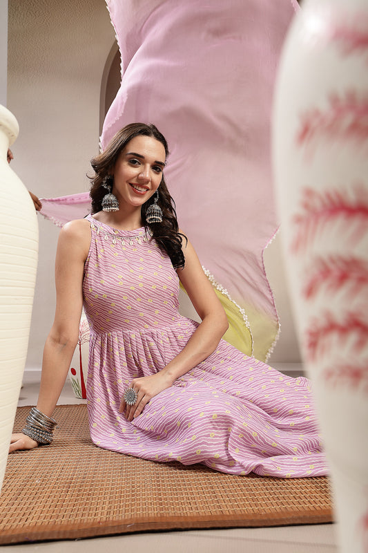 Stylum Women's Lavender Leheriya Printed Cotton Flared Kurta Pant Dupatta Set (KPDLAVENDERPRADA)