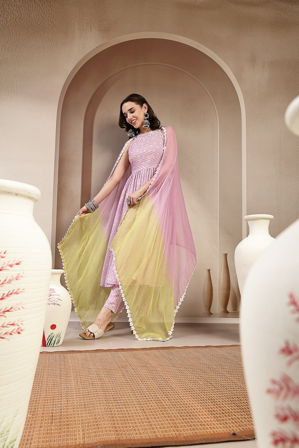 Stylum Women's Lavender Leheriya Printed Cotton Flared Kurta Pant Dupatta Set (KPDLAVENDERPRADA)