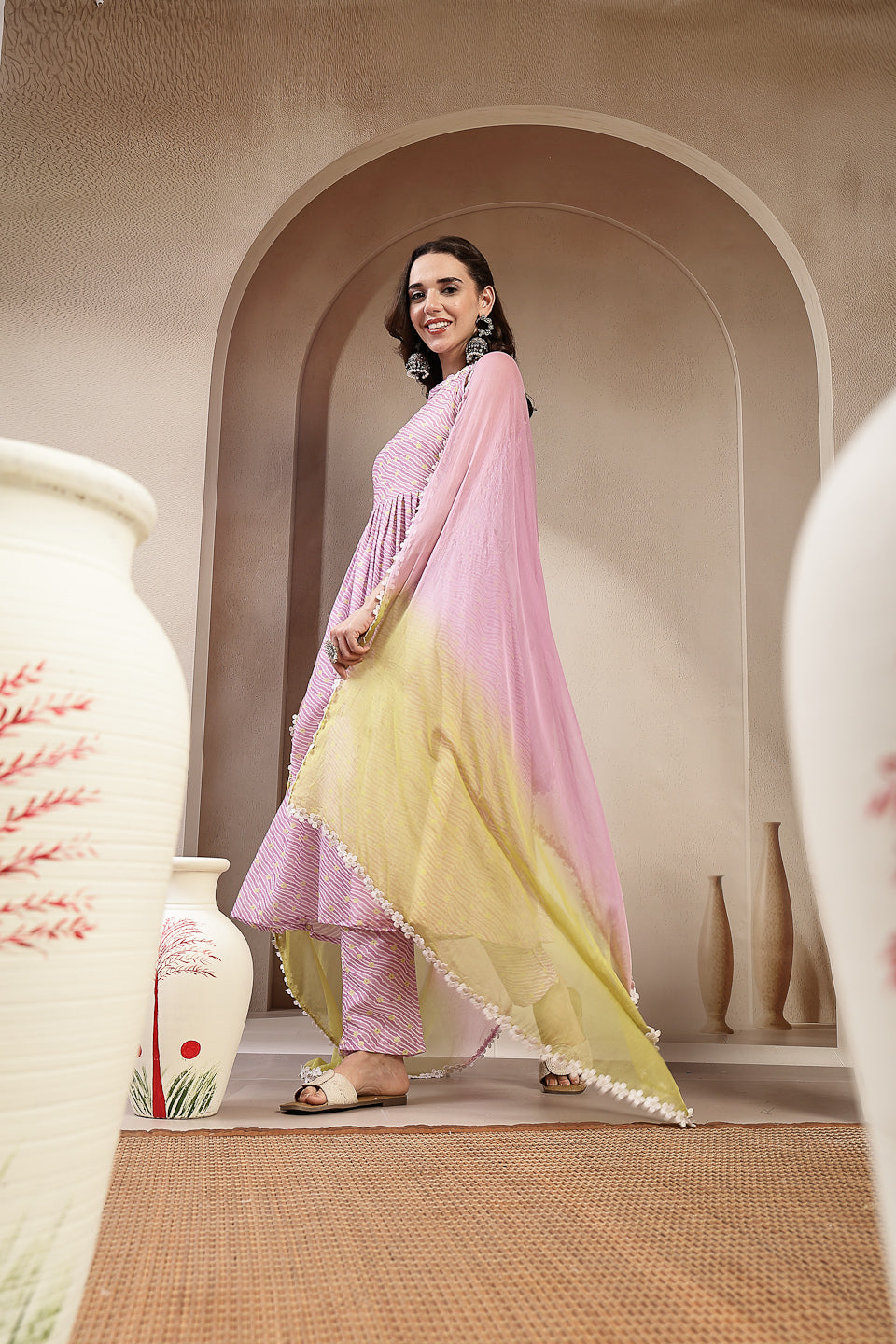 Stylum Women's Lavender Leheriya Printed Cotton Flared Kurta Pant Dupatta Set (KPDLAVENDERPRADA)