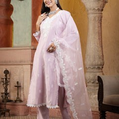 Stylum Women's Lavender Solid & Embroidered Silk Straight Kurta Pant Dupatta Set (KPDLAVENDERSAKHI)