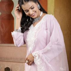 Stylum Women's Lavender Solid & Embroidered Silk Straight Kurta Pant Dupatta Set (KPDLAVENDERSAKHI)