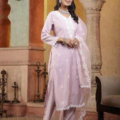 Stylum Women's Lavender Solid & Embroidered Silk Straight Kurta Pant Dupatta Set (KPDLAVENDERSAKHI)