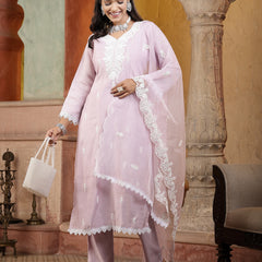 Stylum Women's Lavender Solid & Embroidered Silk Straight Kurta Pant Dupatta Set (KPDLAVENDERSAKHI)