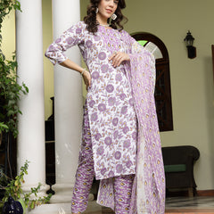 Stylum Women's Lavender Floral Printed Cotton Straight Kurta Pant Dupatta Set (KPDLAVENDERSHINA)