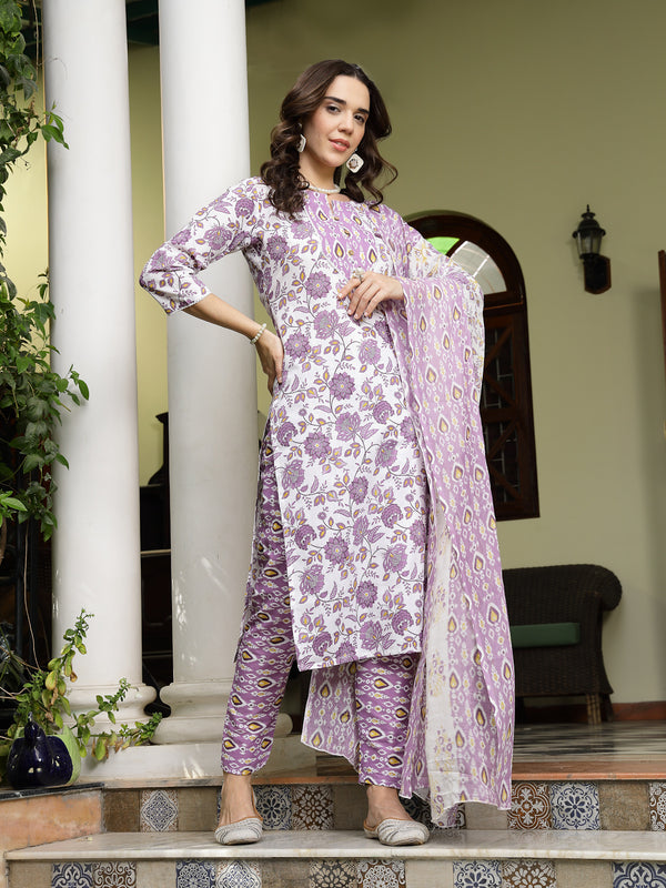 Stylum Women's Lavender Floral Printed Cotton Straight Kurta Pant Dupatta Set (KPDLAVENDERSHINA)
