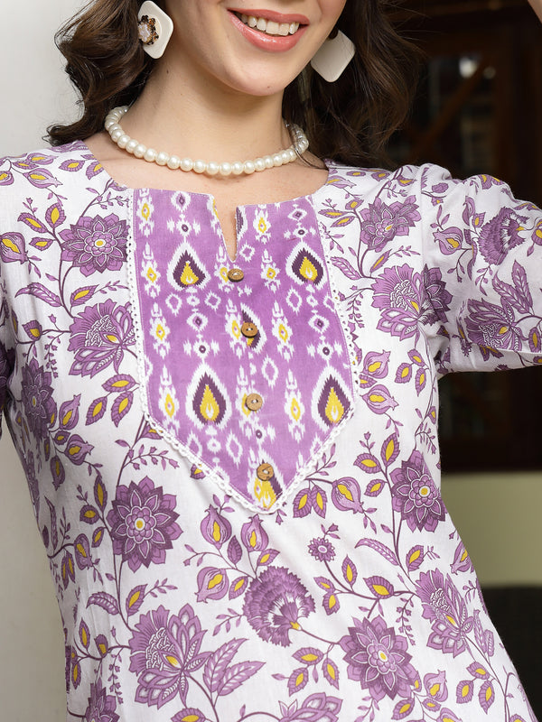 Stylum Women's Lavender Floral Printed Cotton Straight Kurta Pant Dupatta Set (KPDLAVENDERSHINA)
