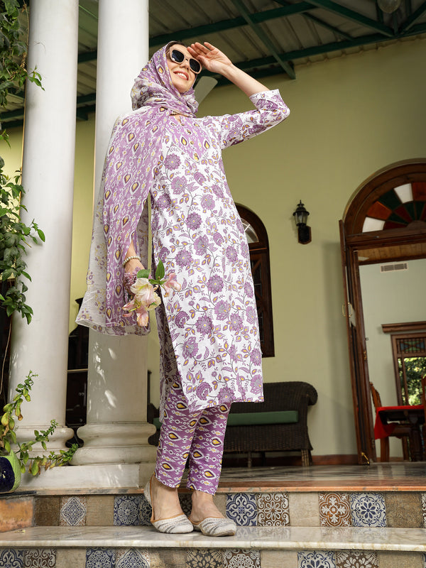 Stylum Women's Lavender Floral Printed Cotton Straight Kurta Pant Dupatta Set (KPDLAVENDERSHINA)