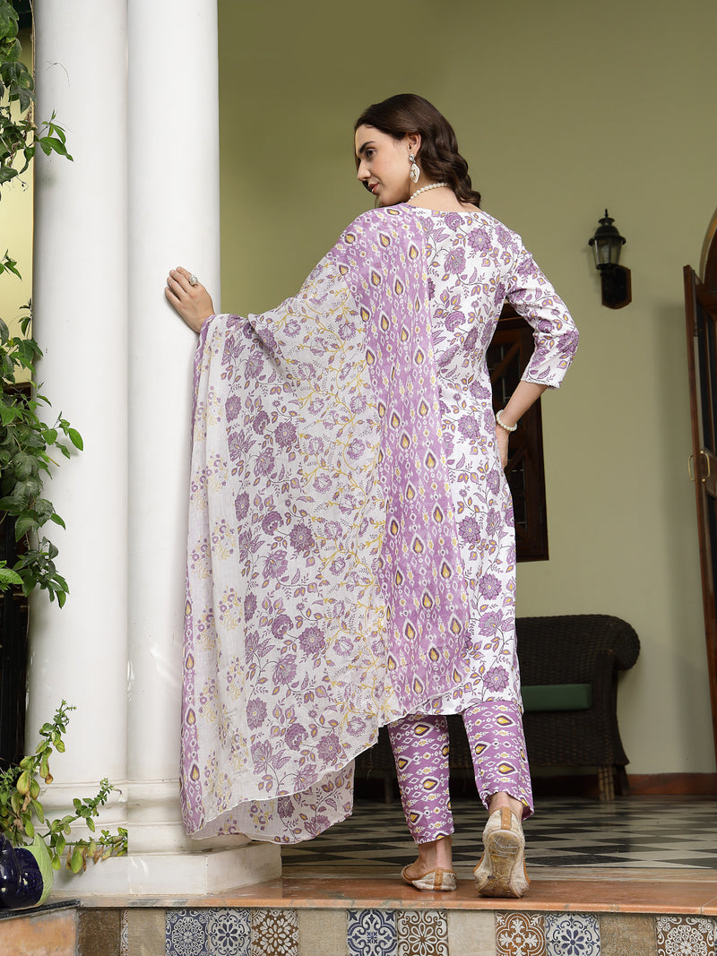 Stylum Women's Lavender Floral Printed Cotton Straight Kurta Pant Dupatta Set (KPDLAVENDERSHINA)