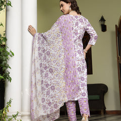 Stylum Women's Lavender Floral Printed Cotton Straight Kurta Pant Dupatta Set (KPDLAVENDERSHINA)