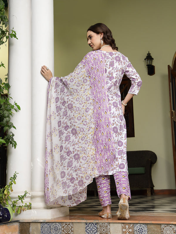 Stylum Women's Lavender Floral Printed Cotton Straight Kurta Pant Dupatta Set (KPDLAVENDERSHINA)