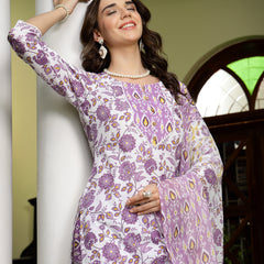 Stylum Women's Lavender Floral Printed Cotton Straight Kurta Pant Dupatta Set (KPDLAVENDERSHINA)