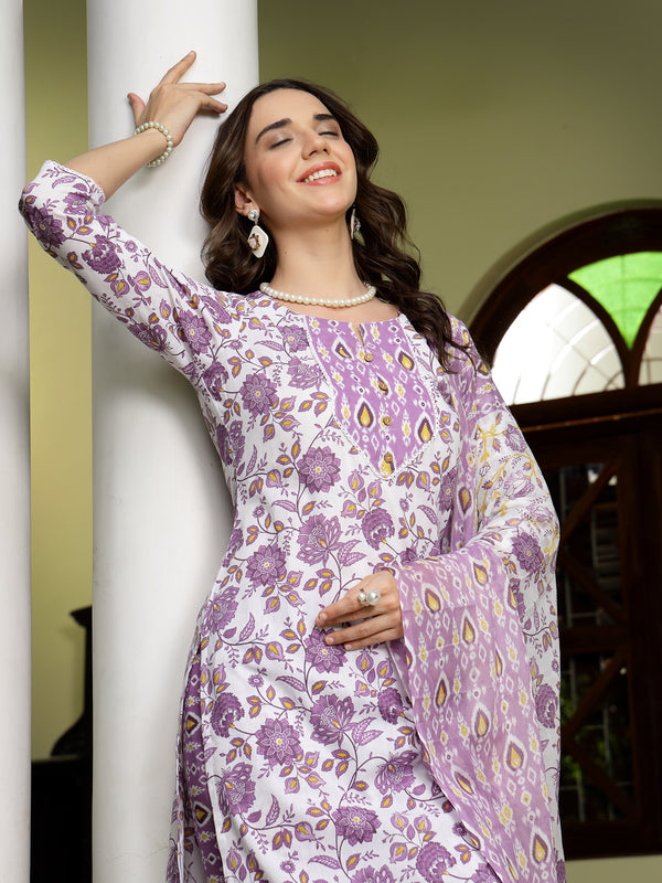 Stylum Women's Lavender Floral Printed Cotton Straight Kurta Pant Dupatta Set (KPDLAVENDERSHINA)