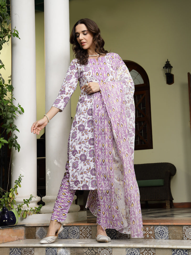 Stylum Women's Lavender Floral Printed Cotton Straight Kurta Pant Dupatta Set (KPDLAVENDERSHINA)