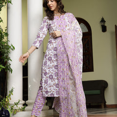 Stylum Women's Lavender Floral Printed Cotton Straight Kurta Pant Dupatta Set (KPDLAVENDERSHINA)