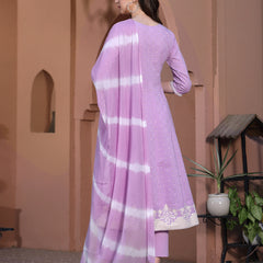 Stylum Women's Printed & Embroidered Cotton Anarkali Kurta Pant Dupatta Set (KPDLAVENDERSTAR)