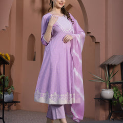 Stylum Women's Printed & Embroidered Cotton Anarkali Kurta Pant Dupatta Set (KPDLAVENDERSTAR)