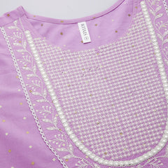 Stylum Women's Printed & Embroidered Cotton Anarkali Kurta Pant Dupatta Set (KPDLAVENDERSTAR)