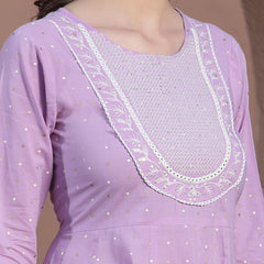 Stylum Women's Printed & Embroidered Cotton Anarkali Kurta Pant Dupatta Set (KPDLAVENDERSTAR)
