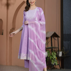 Stylum Women's Printed & Embroidered Cotton Anarkali Kurta Pant Dupatta Set (KPDLAVENDERSTAR)