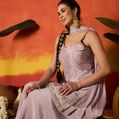 Stylum Women's Lavender Solid & Embroidered Silk Blend Straight Kurti Palazzo Dupatta Set (KPDLAVENDERZONE)