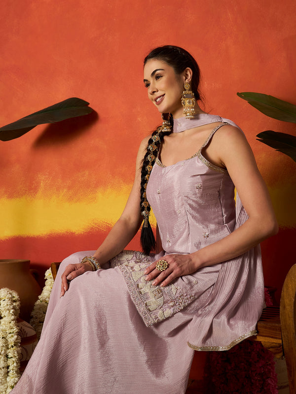 Stylum Women's Lavender Solid & Embroidered Silk Blend Straight Kurti Palazzo Dupatta Set (KPDLAVENDERZONE)