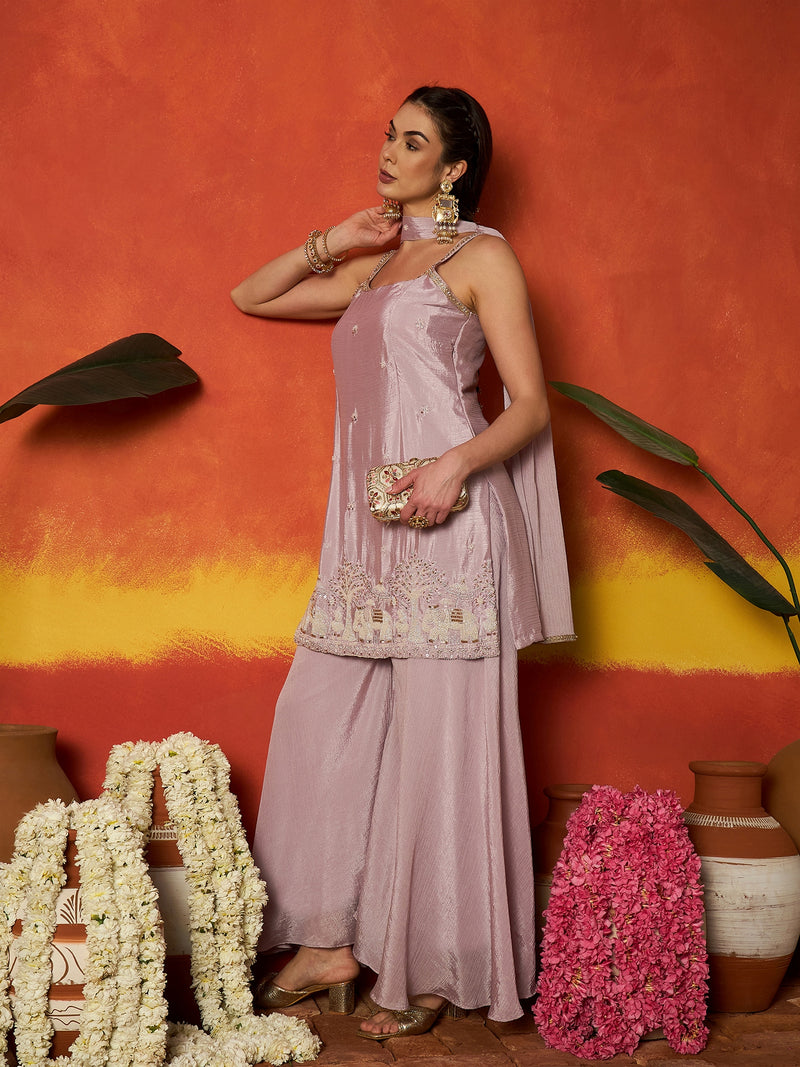 Stylum Women's Lavender Solid & Embroidered Silk Blend Straight Kurti Palazzo Dupatta Set (KPDLAVENDERZONE)