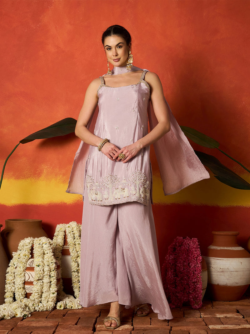 Stylum Women's Lavender Solid & Embroidered Silk Blend Straight Kurti Palazzo Dupatta Set (KPDLAVENDERZONE)