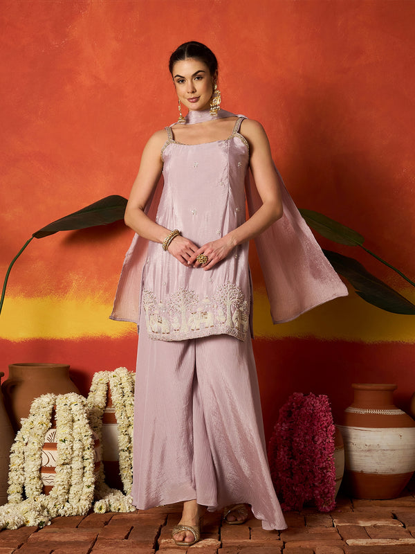 Stylum Women's Lavender Solid & Embroidered Silk Blend Straight Kurti Palazzo Dupatta Set (KPDLAVENDERZONE)