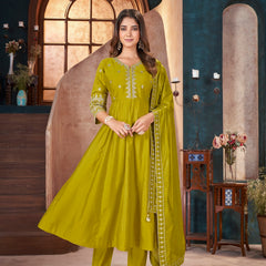 Stylum Women's Lime Green Solid & Embroidered Silk Blend Anarkali Kurta Pant Dupatta Set (KPDLIMEJARIN)