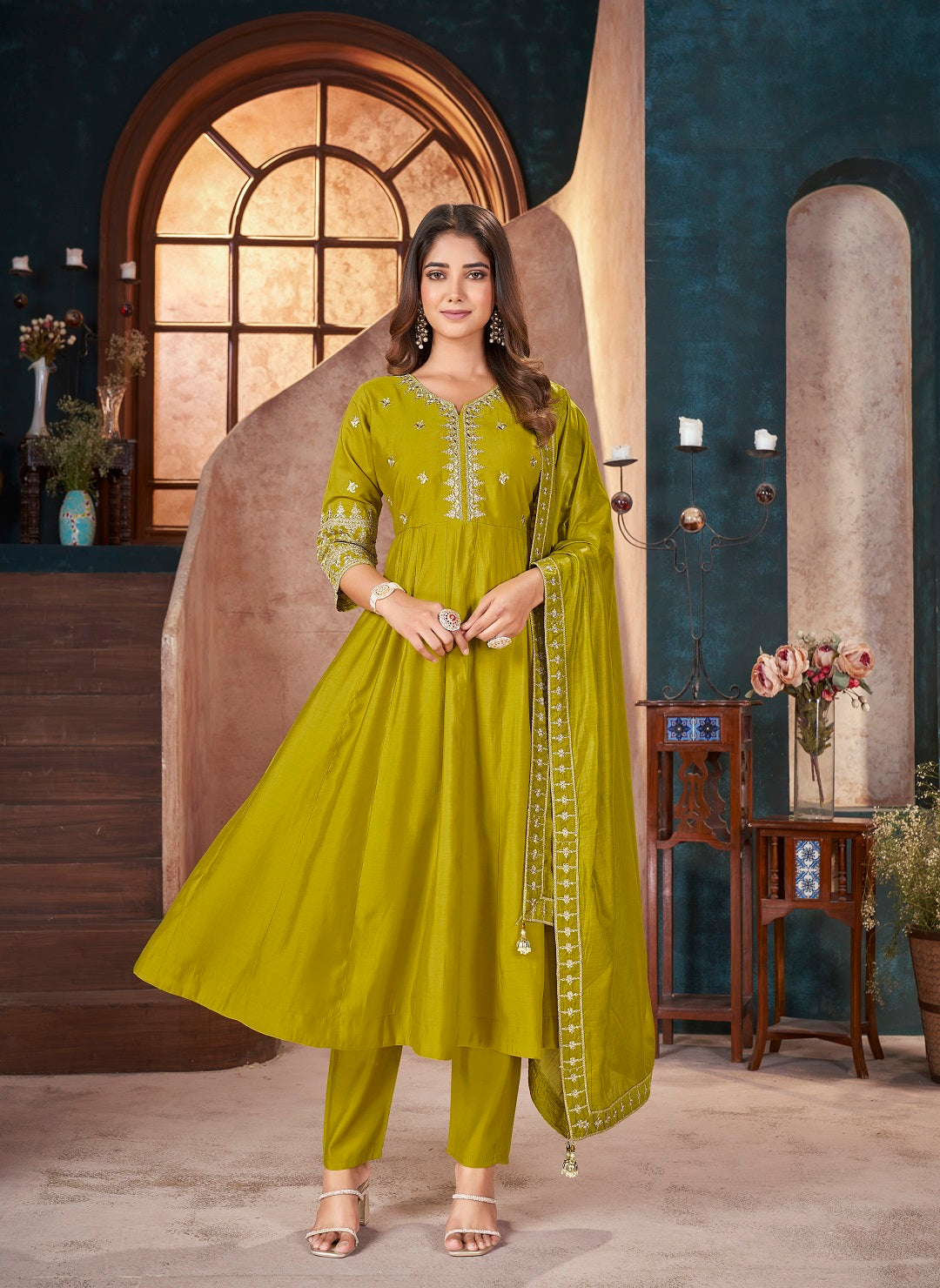 Stylum Women's Lime Green Solid & Embroidered Silk Blend Anarkali Kurta Pant Dupatta Set (KPDLIMEJARIN)