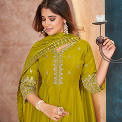 Stylum Women's Lime Green Solid & Embroidered Silk Blend Anarkali Kurta Pant Dupatta Set (KPDLIMEJARIN)