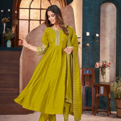 Stylum Women's Lime Green Solid & Embroidered Silk Blend Anarkali Kurta Pant Dupatta Set (KPDLIMEJARIN)