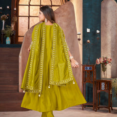 Stylum Women's Lime Green Solid & Embroidered Silk Blend Anarkali Kurta Pant Dupatta Set (KPDLIMEJARIN)