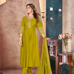 Stylum Women's Lime Green Solid & Embroidered Silk Blend Anarkali Kurta Pant Dupatta Set (KPDLIMEJARIN)