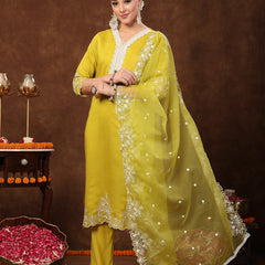 Stylum Women's Lime Green Solid & Embroidered Silk Blend Straight Kurta Pant Dupatta Set (KPDLIMESIZZLER)