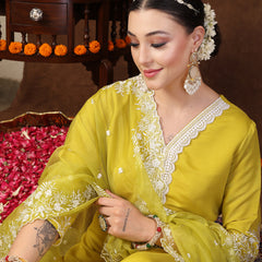 Stylum Women's Lime Green Solid & Embroidered Silk Blend Straight Kurta Pant Dupatta Set (KPDLIMESIZZLER)